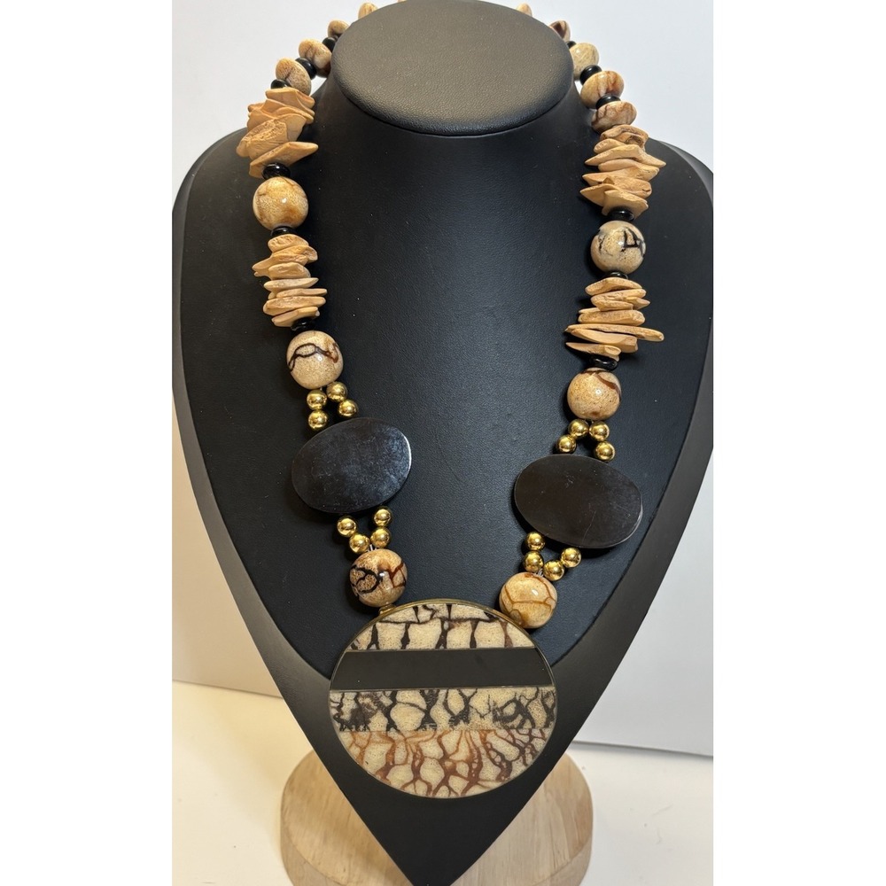 Y2K 20" Boho Statement Necklace Large Round Pendant Wood Black Beads